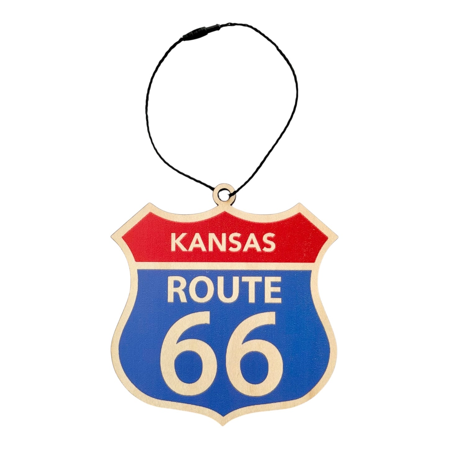 Kansas Route 66 shield wood ornament with vintage red white and blue highway sign design and black hanging cord, laser cut Route 66 travel souvenir ornament