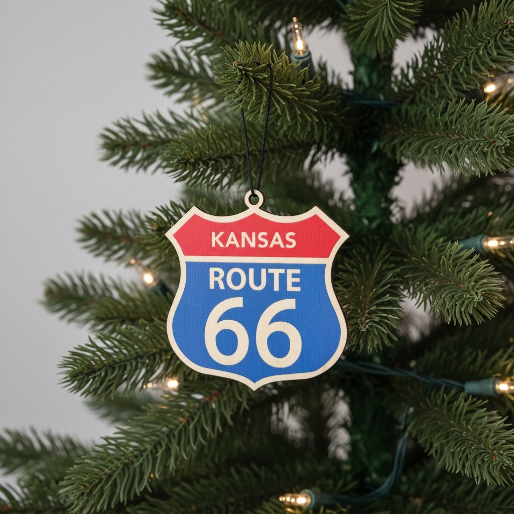 Kansas Route 66 wooden ornament hanging on a Christmas tree with warm lights, vintage highway sign holiday ornament for Route 66 travelers and souvenir collectors