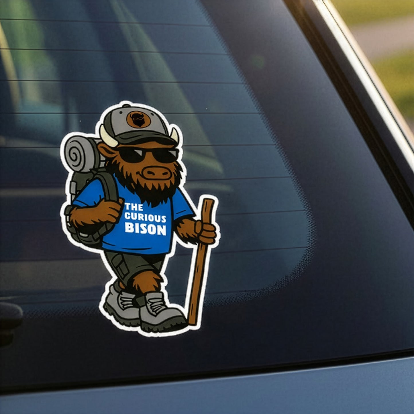 Kerf the Curious Bison hiking mascot vinyl sticker on car window showing backpack sunglasses and hiking stick road trip and outdoor adventure decal
