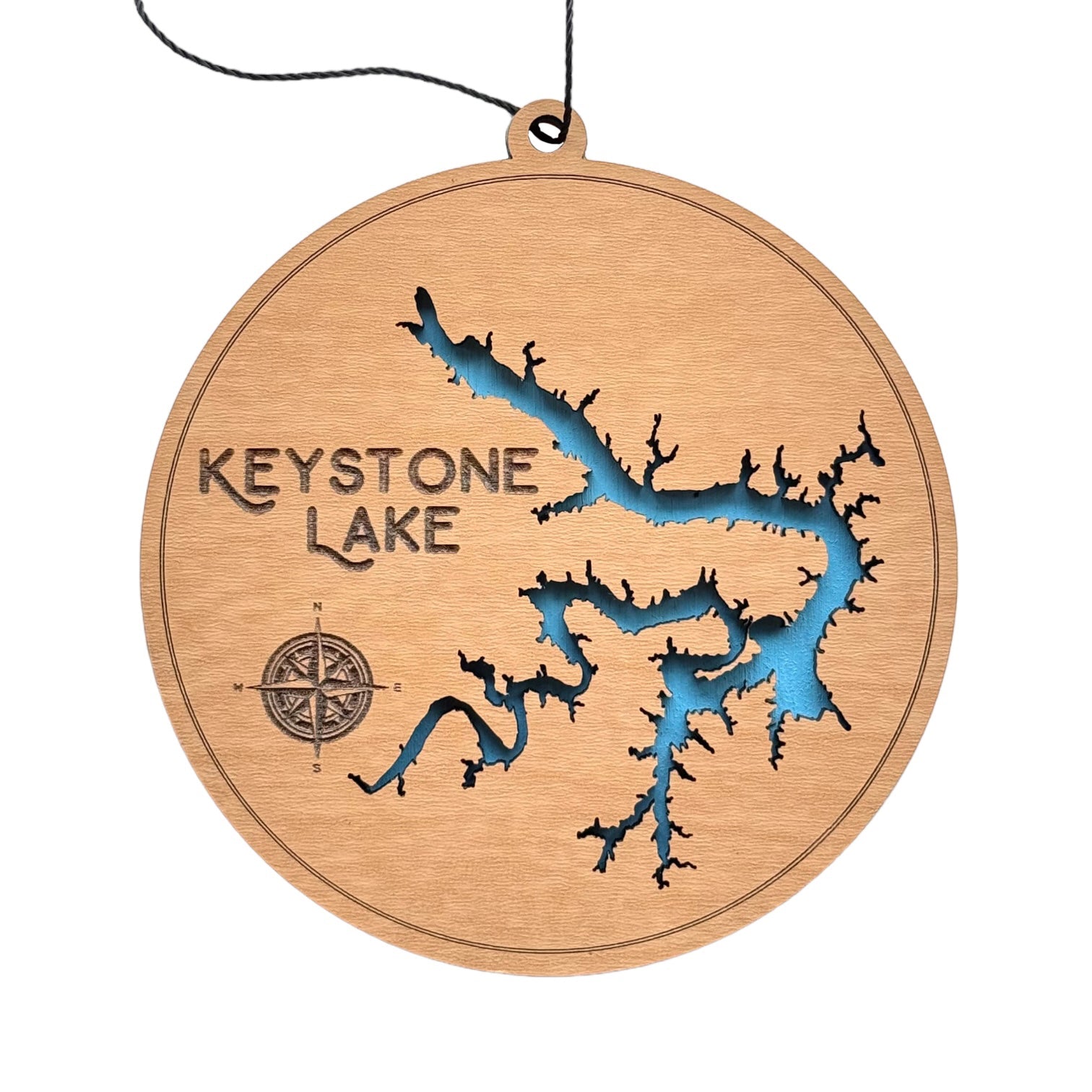 Keystone Lake wooden ornament with layered map design, laser cut prefinished wood top layer and blue painted water layer, round lake ornament on white background