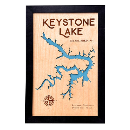 Keystone Lake wooden map wall art in black frame with laser cut lake shoreline and blue water layer, engraved lake details for Oklahoma lake house decor