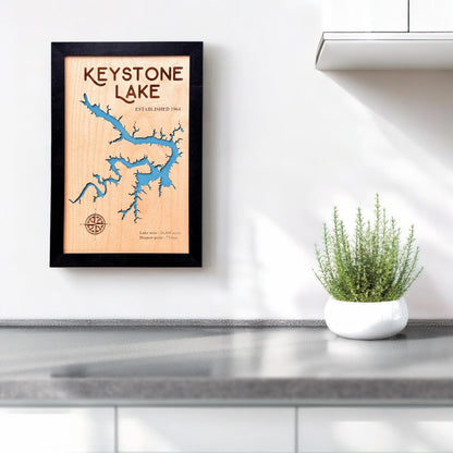 Keystone Lake wooden map wall art hanging on wall in black frame, laser cut lake map decor for Oklahoma lake home