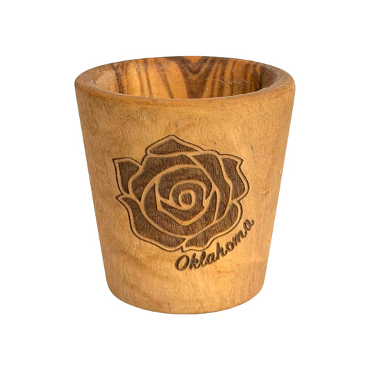 Oklahoma rose olive wood shot glass with laser engraved state flower and Oklahoma lettering, wooden Oklahoma souvenir and travel gift shown from the front