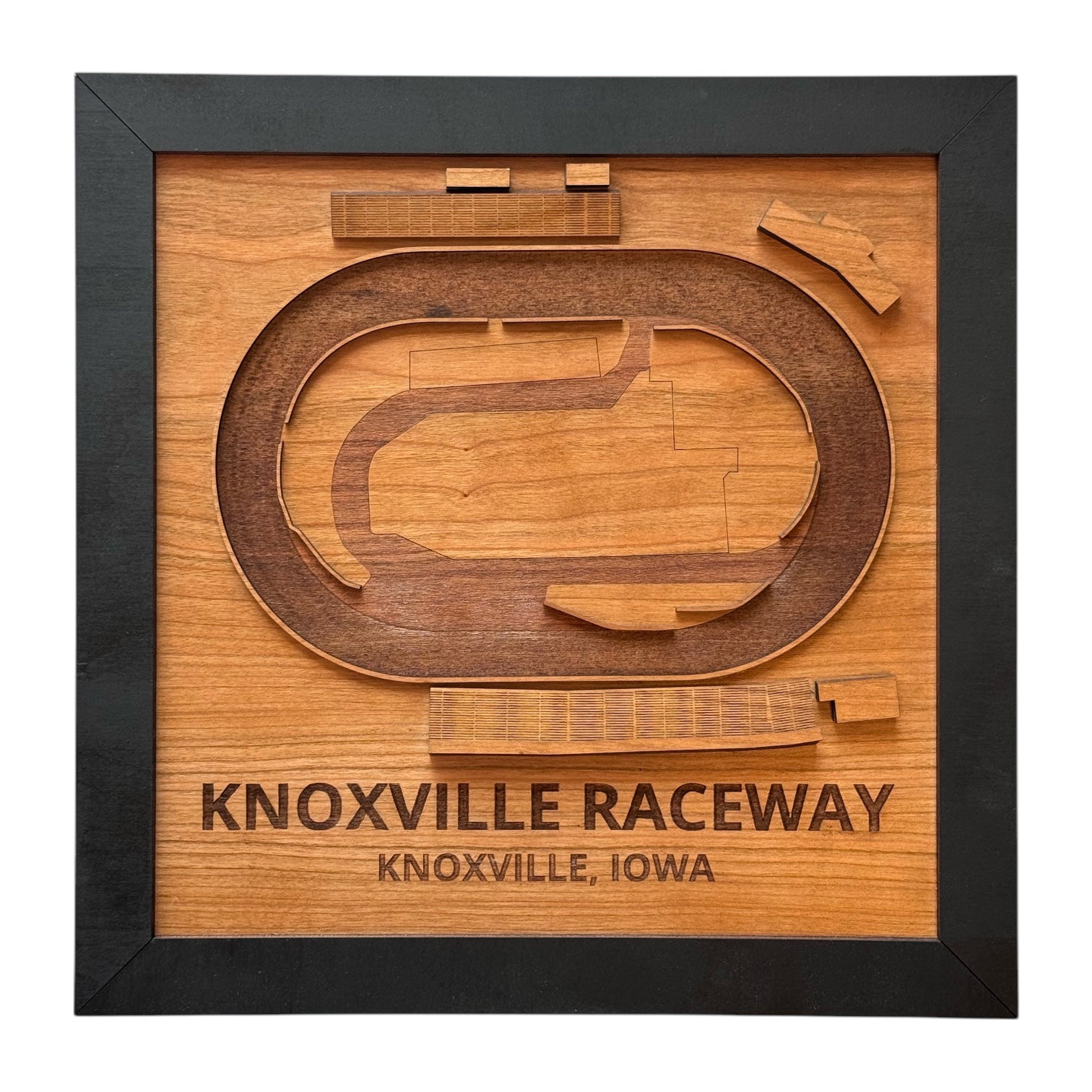 Framed Knoxville Raceway wooden track map showing the oval dirt track layout, laser cut layered wood wall art featuring Knoxville Raceway in Knoxville Iowa, racing fan gift or motorsports decor
