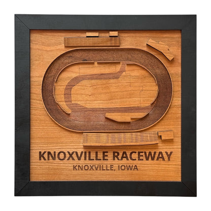 Framed Knoxville Raceway wooden track map showing the oval dirt track layout, laser cut layered wood wall art featuring Knoxville Raceway in Knoxville Iowa, racing fan gift or motorsports decor