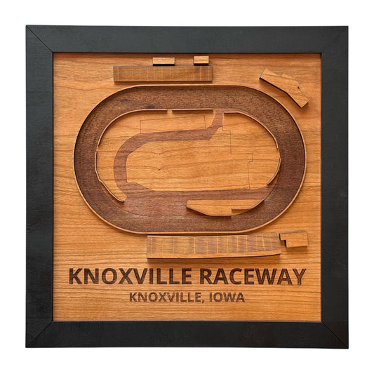 Framed Knoxville Raceway wooden track map showing the oval dirt track layout, laser cut layered wood wall art featuring Knoxville Raceway in Knoxville Iowa, racing fan gift or motorsports decor