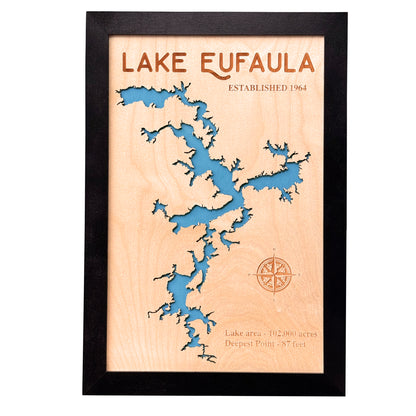 Lake Eufaula wooden map wall art in black frame with laser cut lake shoreline and blue water layer, engraved details for Oklahoma lake house decor