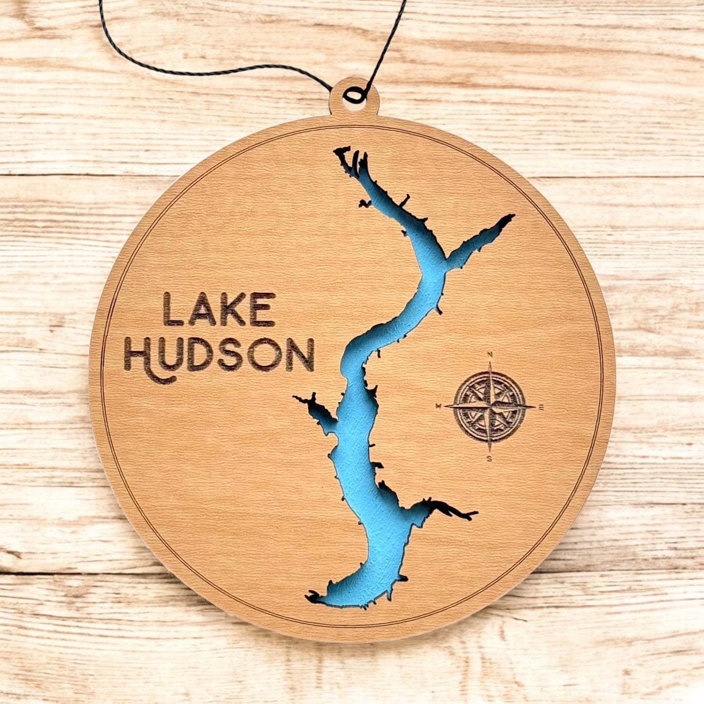 Lake Hudson wooden ornament hanging by black cord, two layer wood lake map ornament with painted blue water