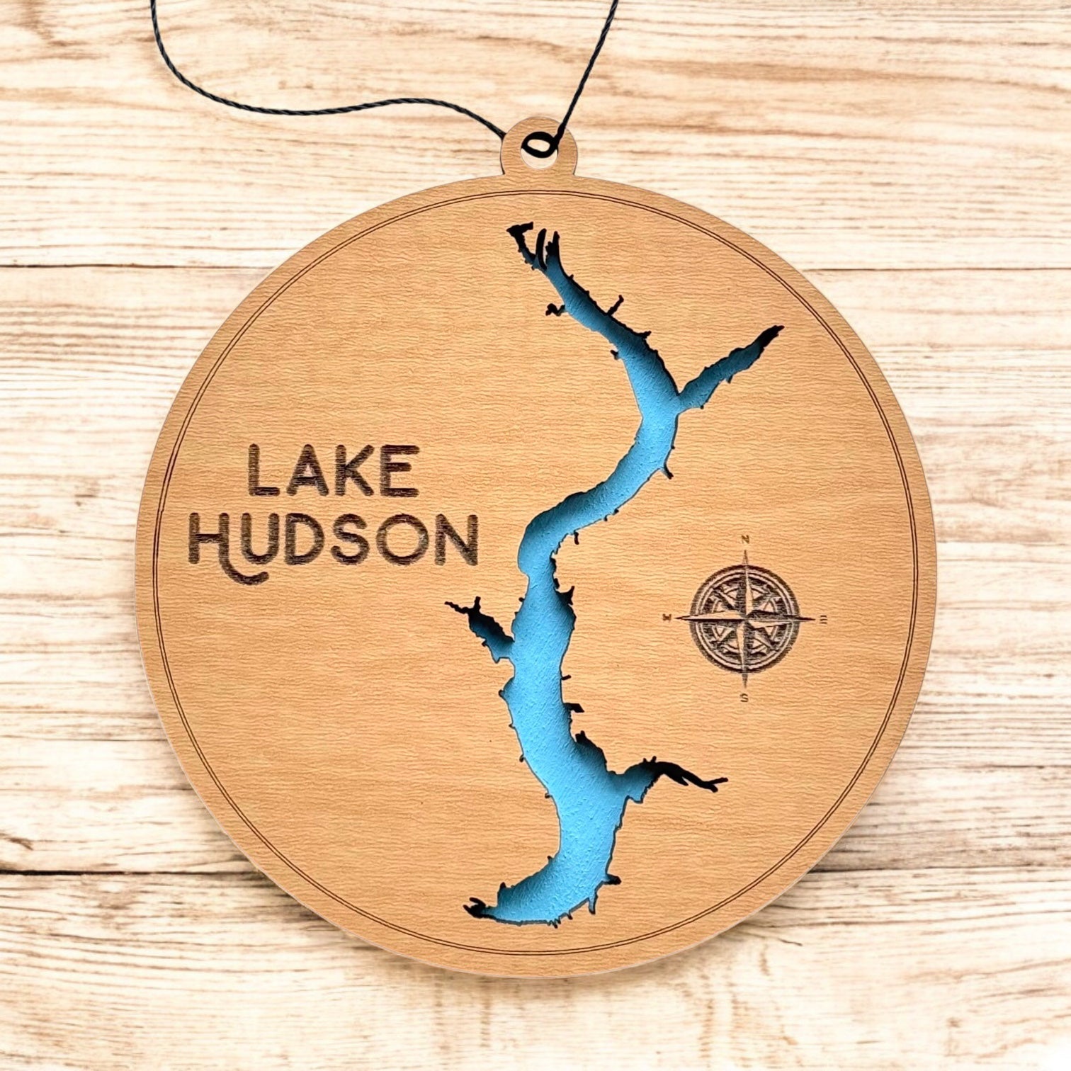 Lake Hudson wooden ornament hanging by black cord, two layer wood lake map ornament with painted blue water