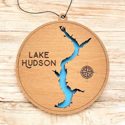 Lake Hudson wooden ornament hanging by black cord, two layer wood lake map ornament with painted blue water