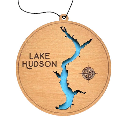 Lake Hudson wooden ornament with layered map design, laser cut prefinished wood top layer and blue painted water layer, round lake ornament on white background