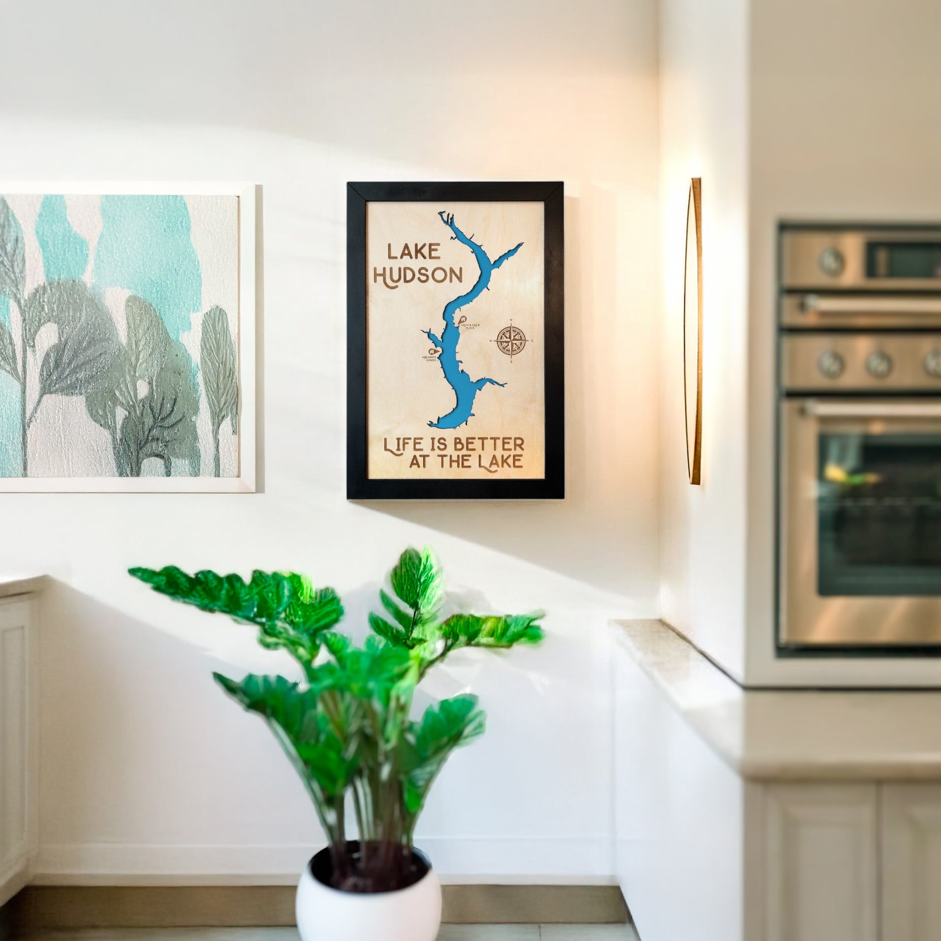 Lake Hudson framed wooden map displayed on a wall in a modern home interior