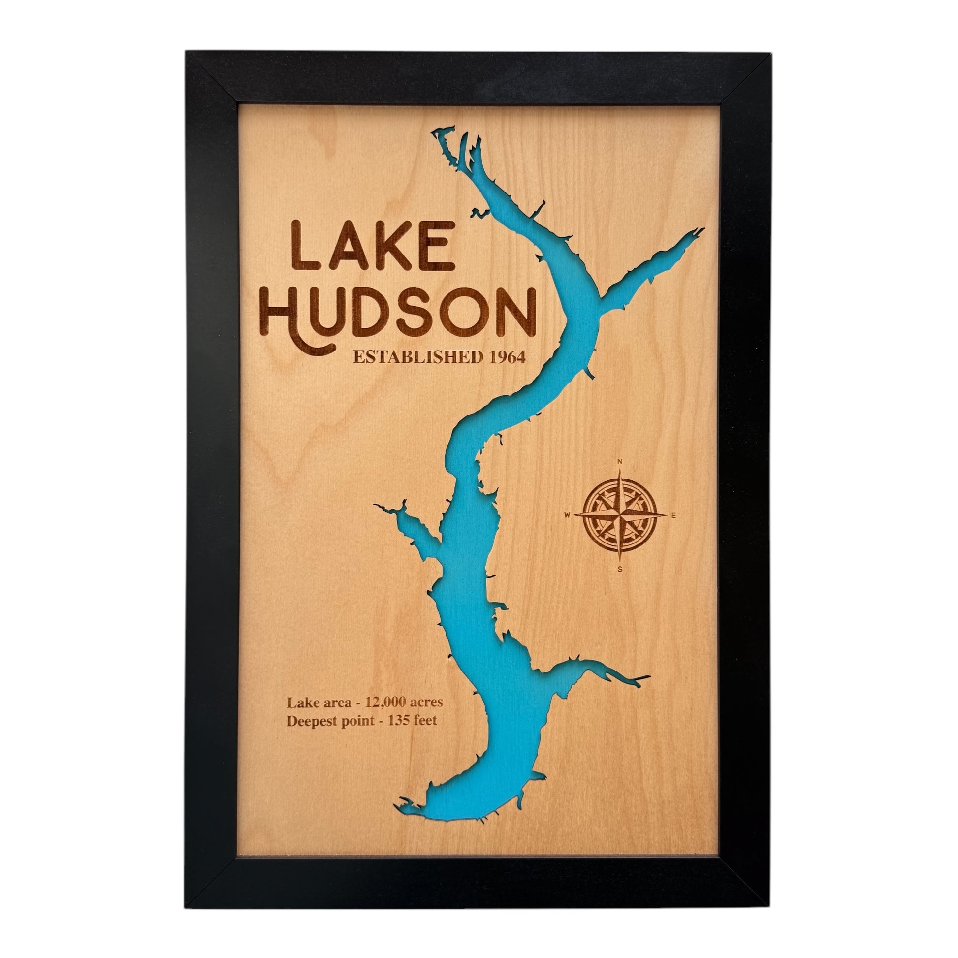 Framed wooden Lake Hudson map with blue lake cutout and engraved lake details