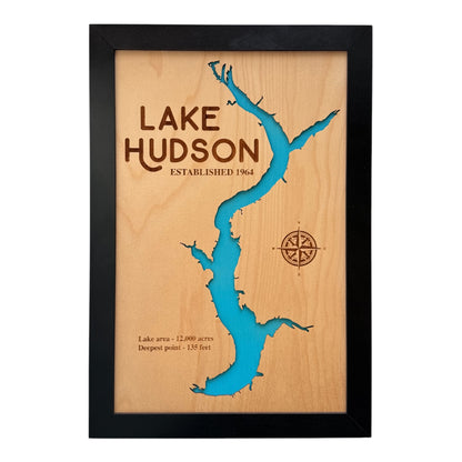 Framed wooden Lake Hudson map with blue lake cutout and engraved lake details