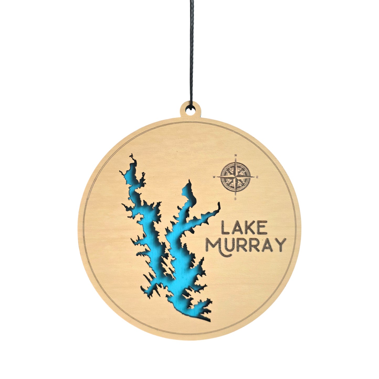 Lake Murray wooden ornament with layered lake map design, round laser cut wood ornament showing blue painted water layer beneath engraved wood top, Lake Murray souvenir gift