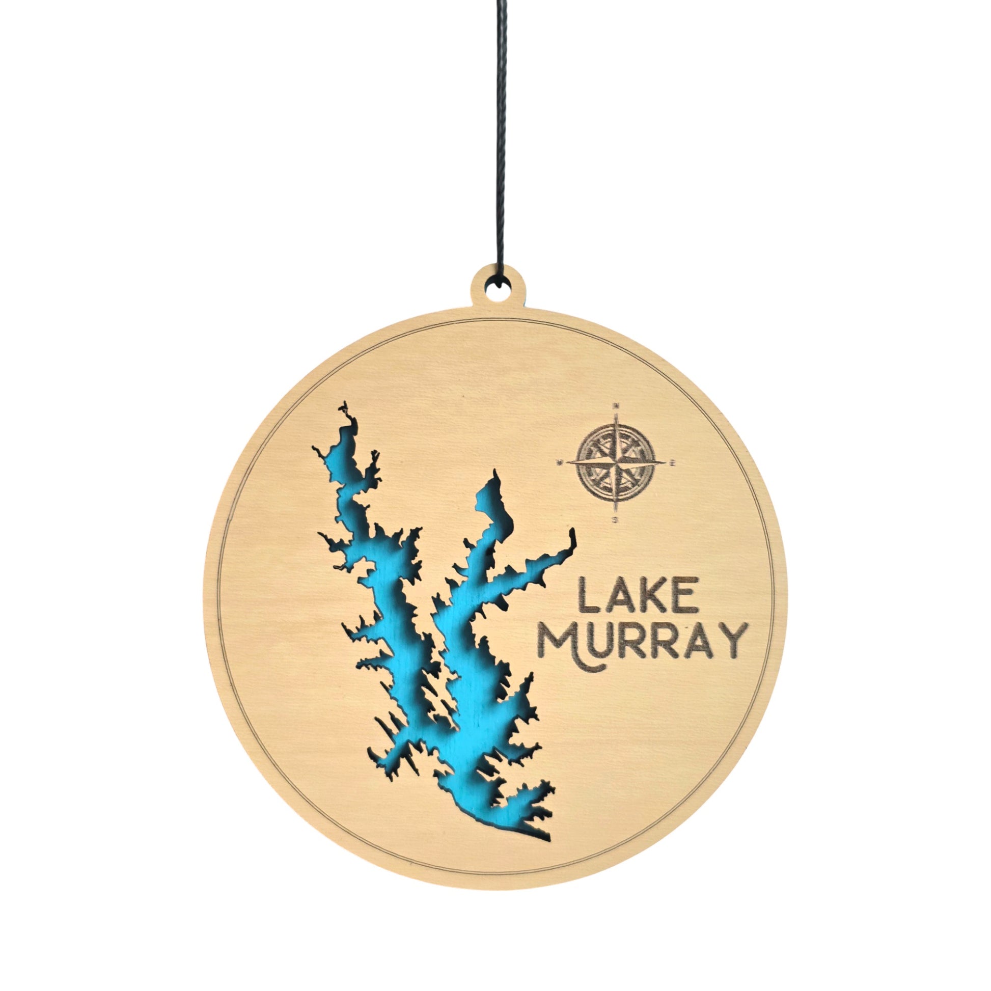 Lake Murray wooden ornament with layered lake map design, round laser cut wood ornament showing blue painted water layer beneath engraved wood top, Lake Murray souvenir gift