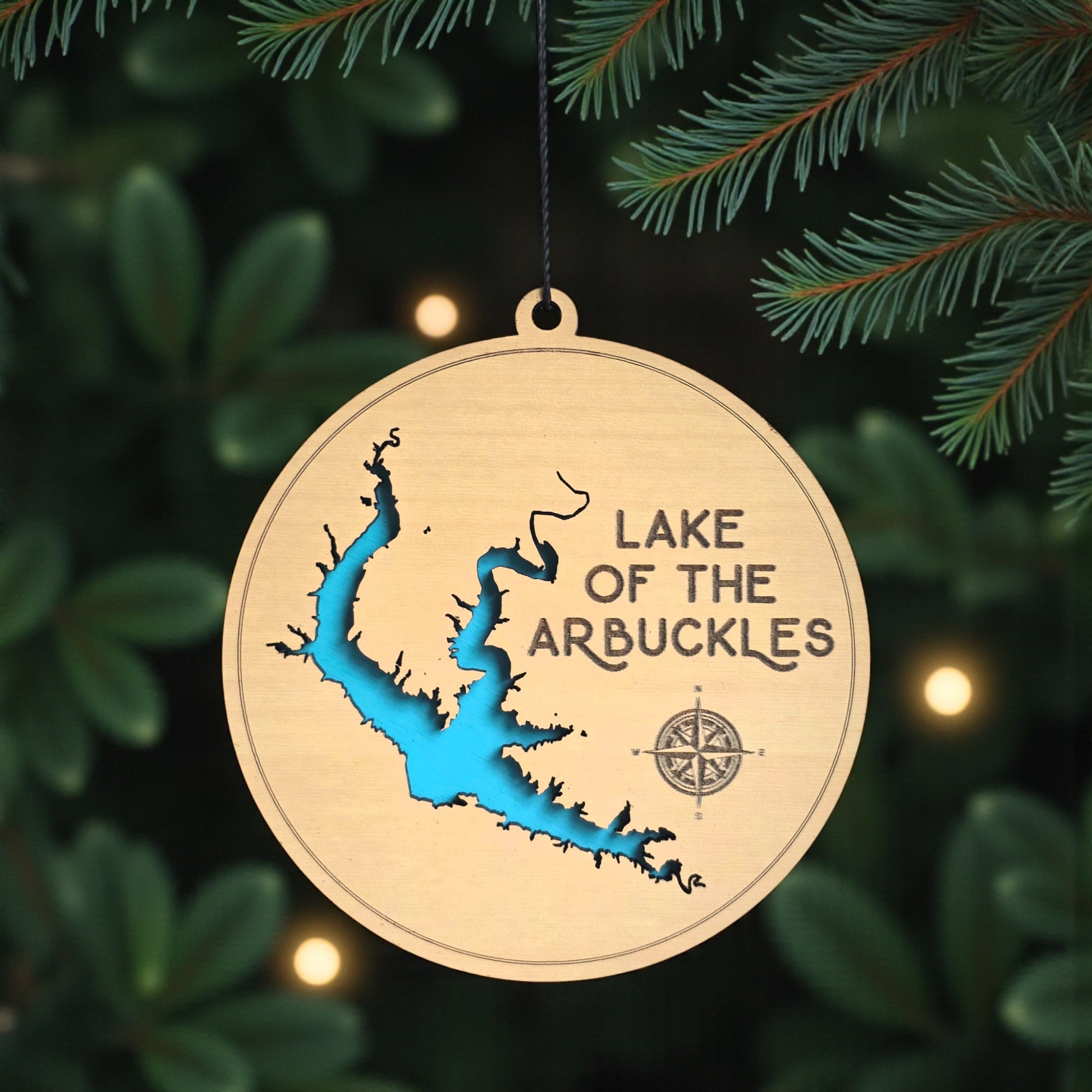 Lake of the Arbuckles ornament hanging with blue layer, Oklahoma lake map decoration by The Curious Bison.