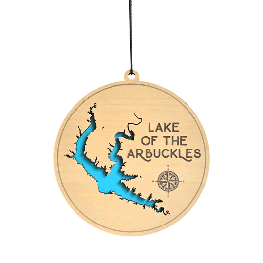 Lake of the Arbuckles wooden ornament with layered lake map design, round laser cut wood ornament showing blue painted water layer beneath engraved wood top