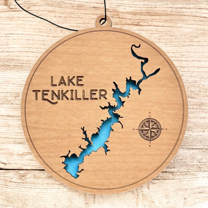 Lake Tenkiller wooden ornament hanging by black cord, two layer wood lake map ornament with painted blue water
