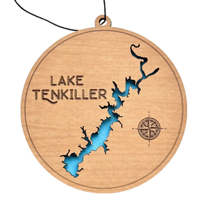 Lake Tenkiller wooden ornament with layered map design, laser cut prefinished wood top layer and blue painted water layer, round lake ornament on white background