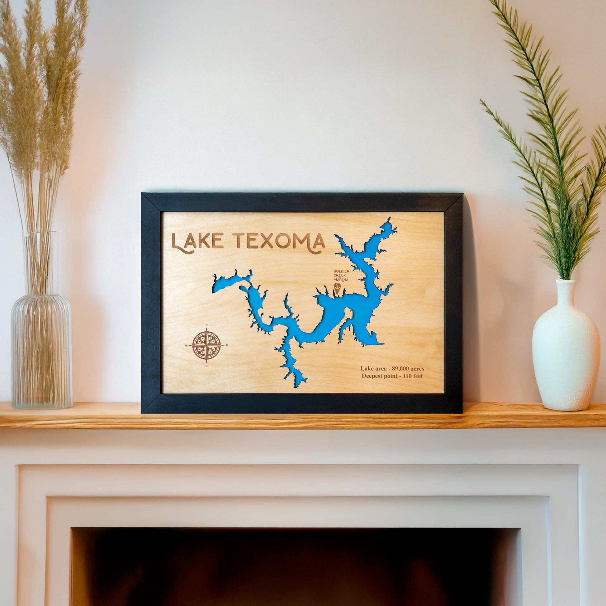 Lake Texoma wooden map wall art displayed on a shelf with neutral home decor