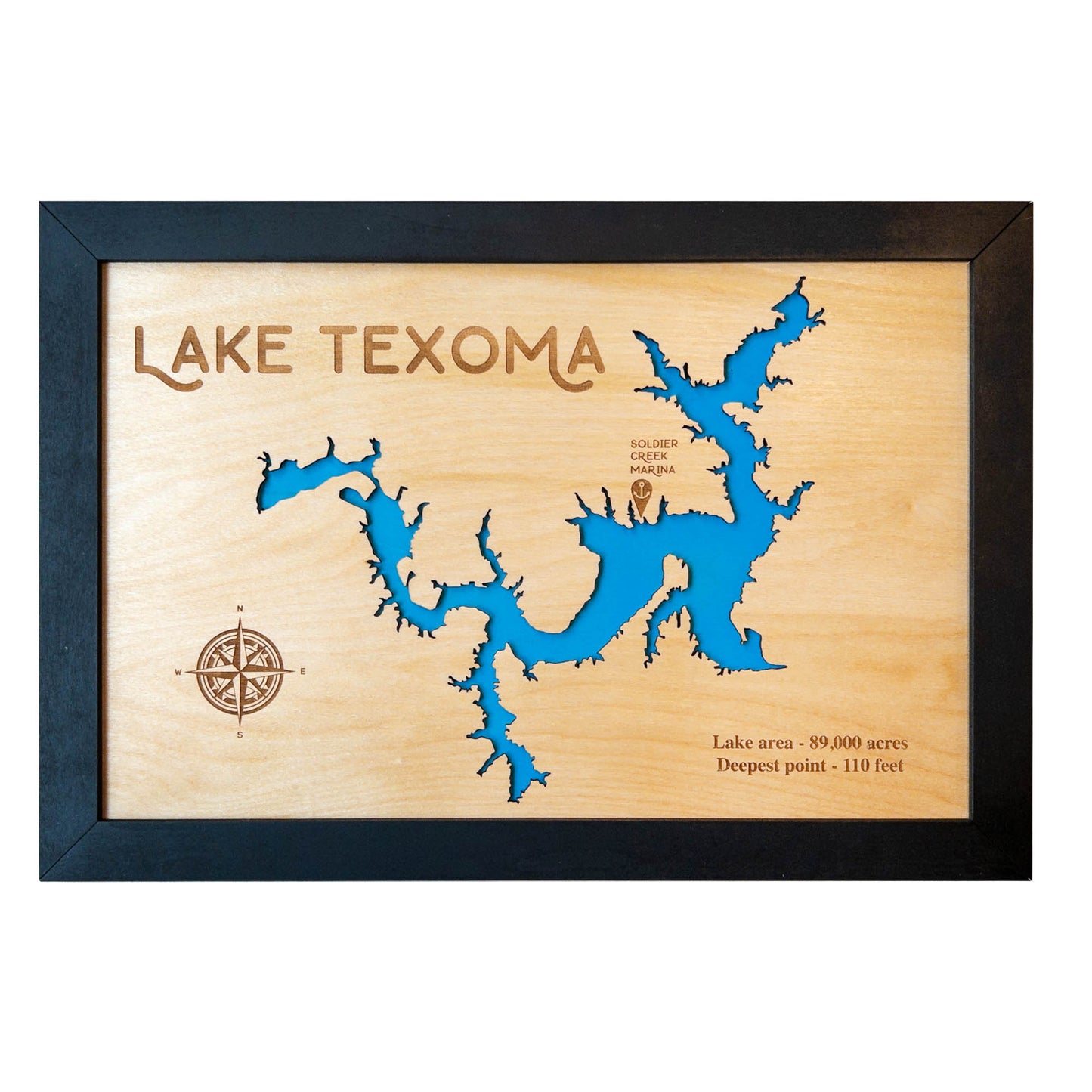 Framed wooden Lake Texoma map with blue lake cutout and engraved lake details