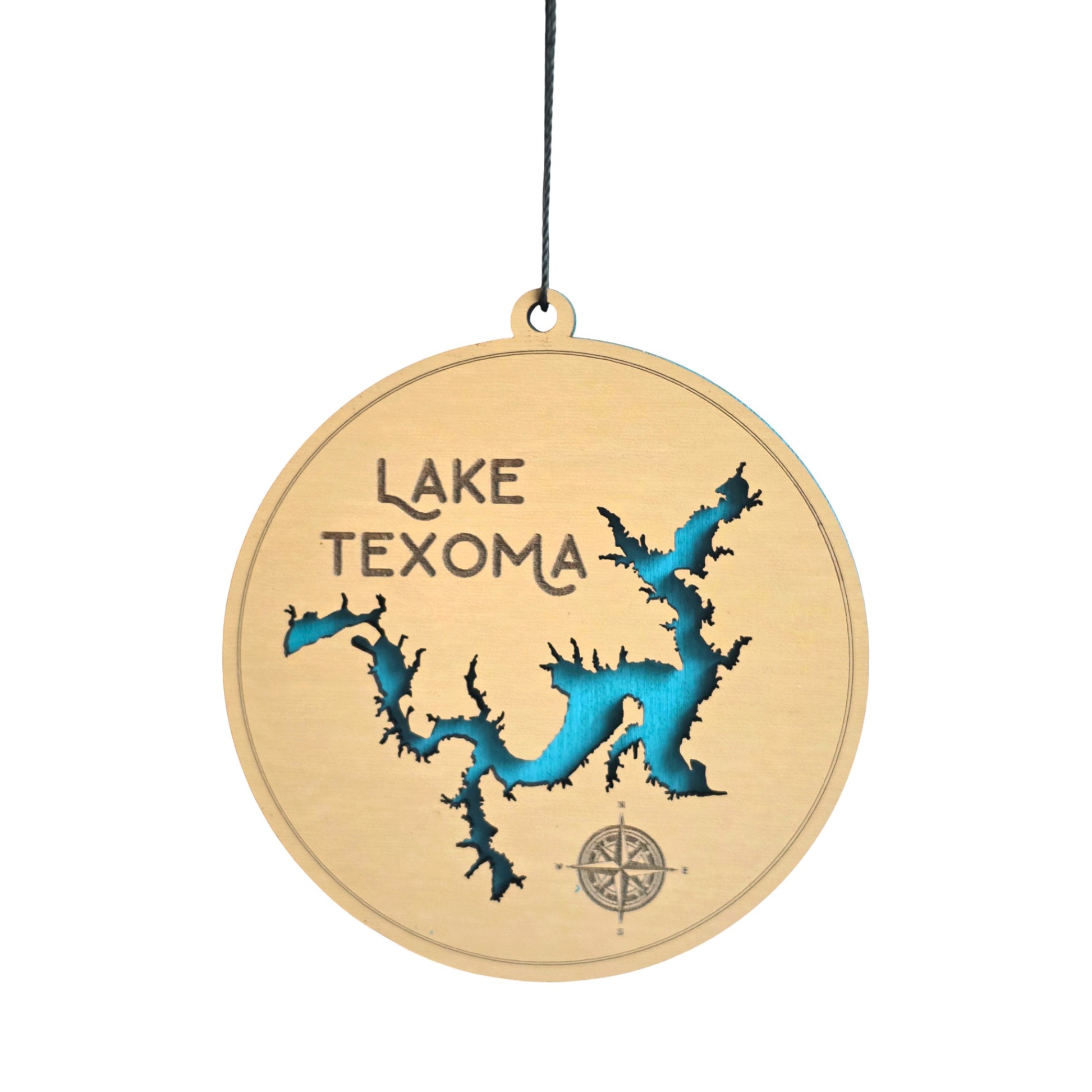 Lake Texoma wooden ornament with layered lake map design, round laser cut wood ornament showing blue painted water layer beneath engraved wood top, Lake Texoma souvenir gift