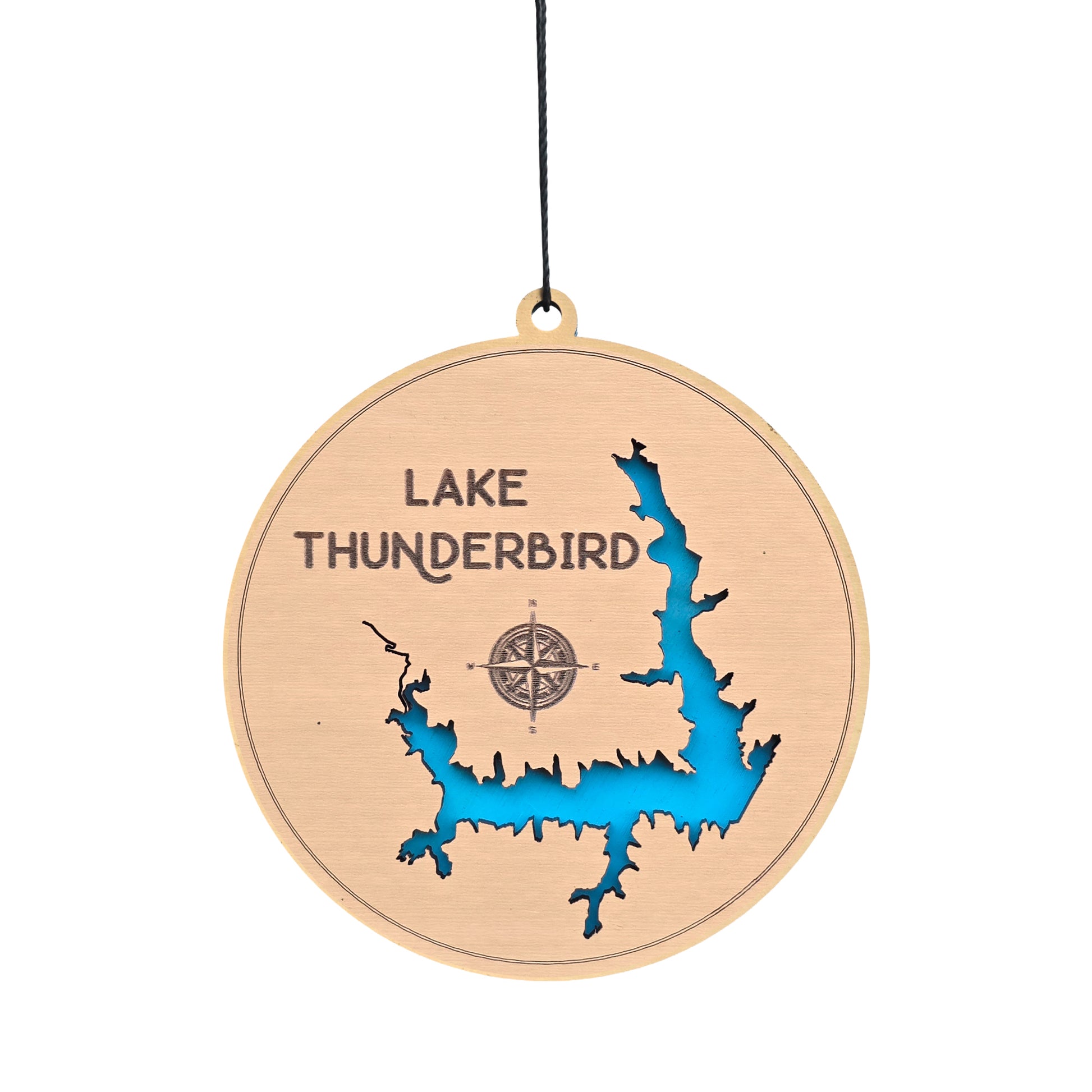 Lake Thunderbird wooden ornament showing laser cut Oklahoma lake map with blue layered water detail, engraved Lake Thunderbird text and compass, wood lake ornament for Oklahoma gift or souvenir