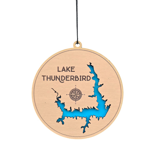 Lake Thunderbird wooden ornament showing laser cut Oklahoma lake map with blue layered water detail, engraved Lake Thunderbird text and compass, wood lake ornament for Oklahoma gift or souvenir