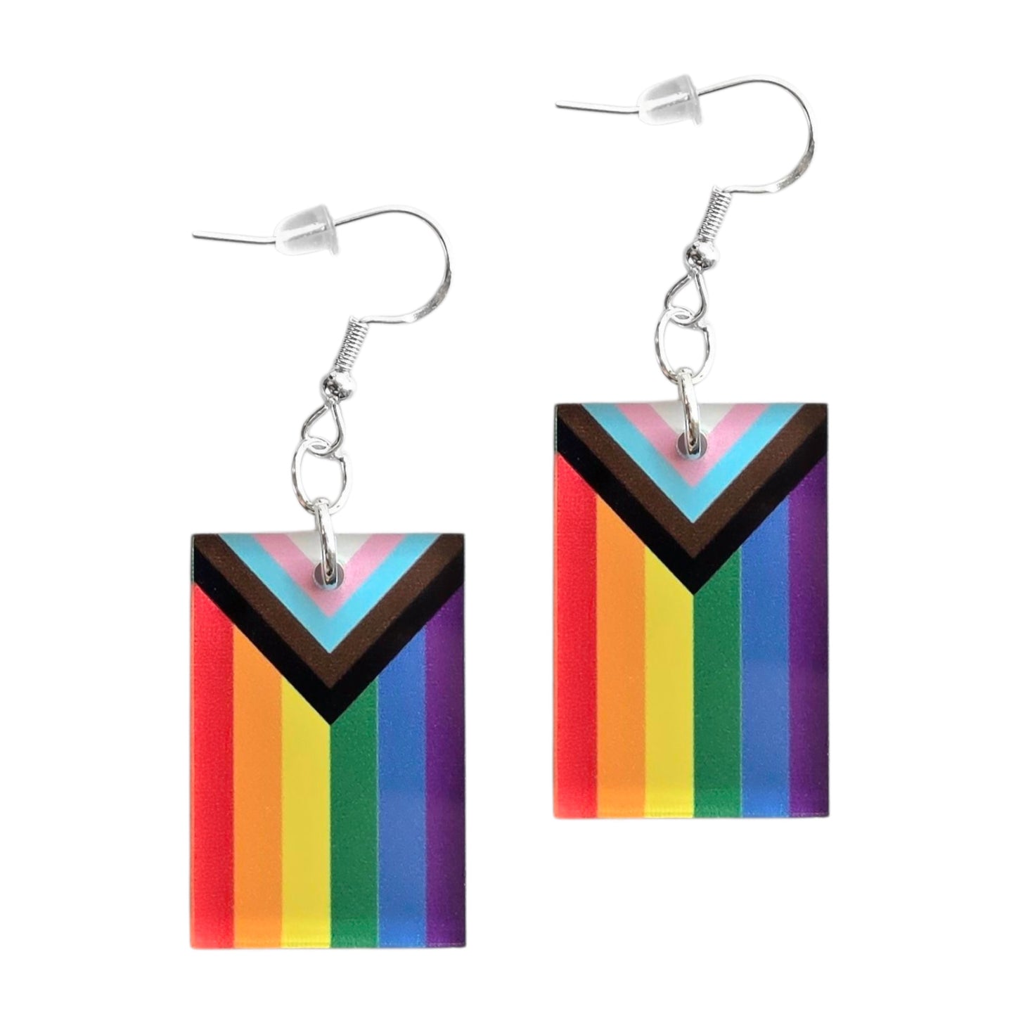 LGBTQIA2S+ progressive pride flag color acrylic earrings with rainbow vertical stripes and chevron detail, lightweight statement earrings with sterling silver hooks