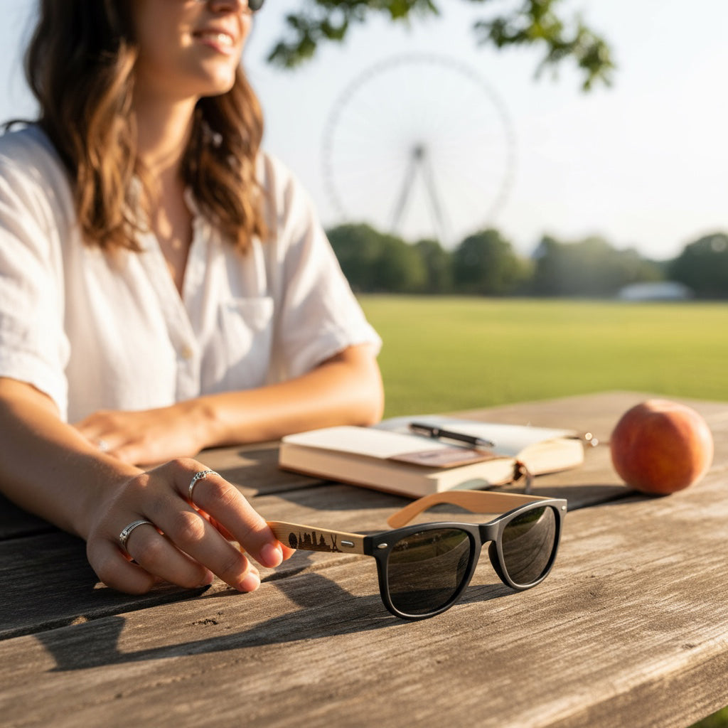 Woman holding Oklahoma City skyline wooden sunglasses at Wheeler Park with Ferris wheel in background, Route 66 Oklahoma accessory by The Curious Bison.