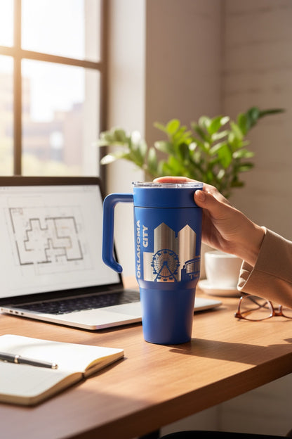 Oklahoma City Skyline 30oz Handle Tumbler | Laser Engraved Travel Mug | OKC Gift | Route 66 Souvenir
