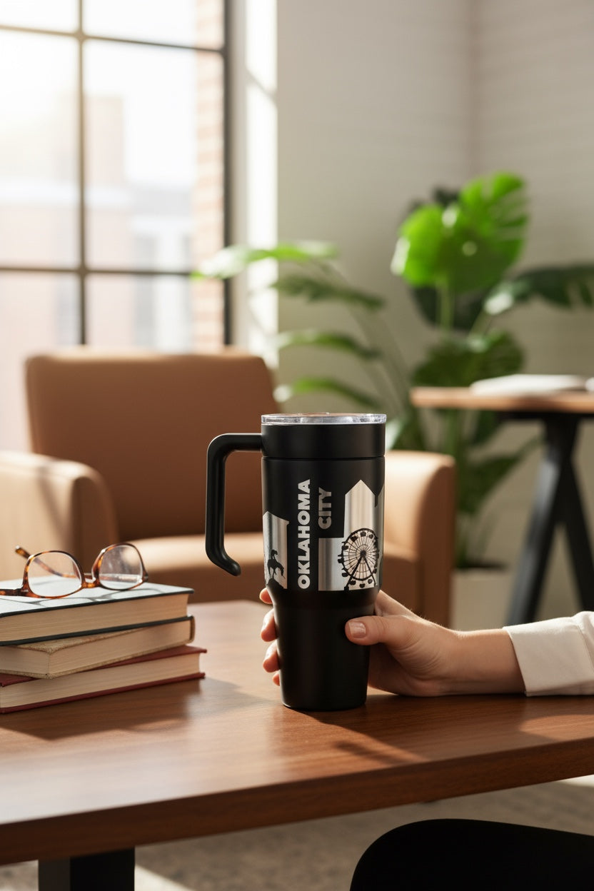 Oklahoma City Skyline 30oz Handle Tumbler | Laser Engraved Travel Mug | OKC Gift | Route 66 Souvenir