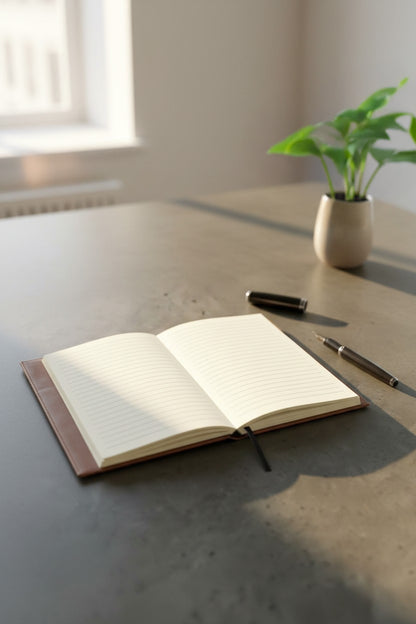 Open lined journal on desk with pen and plant in sunlight, travel notebook with ribbon bookmark for journaling plans memories and everyday writing