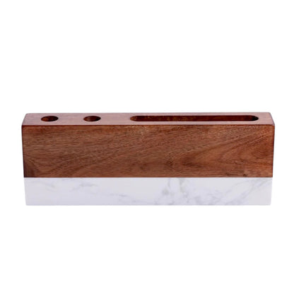 Marble desk name plate with acacia wood top showing smooth wood grain and solid marble base, custom office desk name plate with pen holder and business card slot