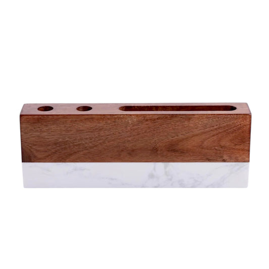 Marble desk name plate with acacia wood top showing smooth wood grain and solid marble base, custom office desk name plate with pen holder and business card slot
