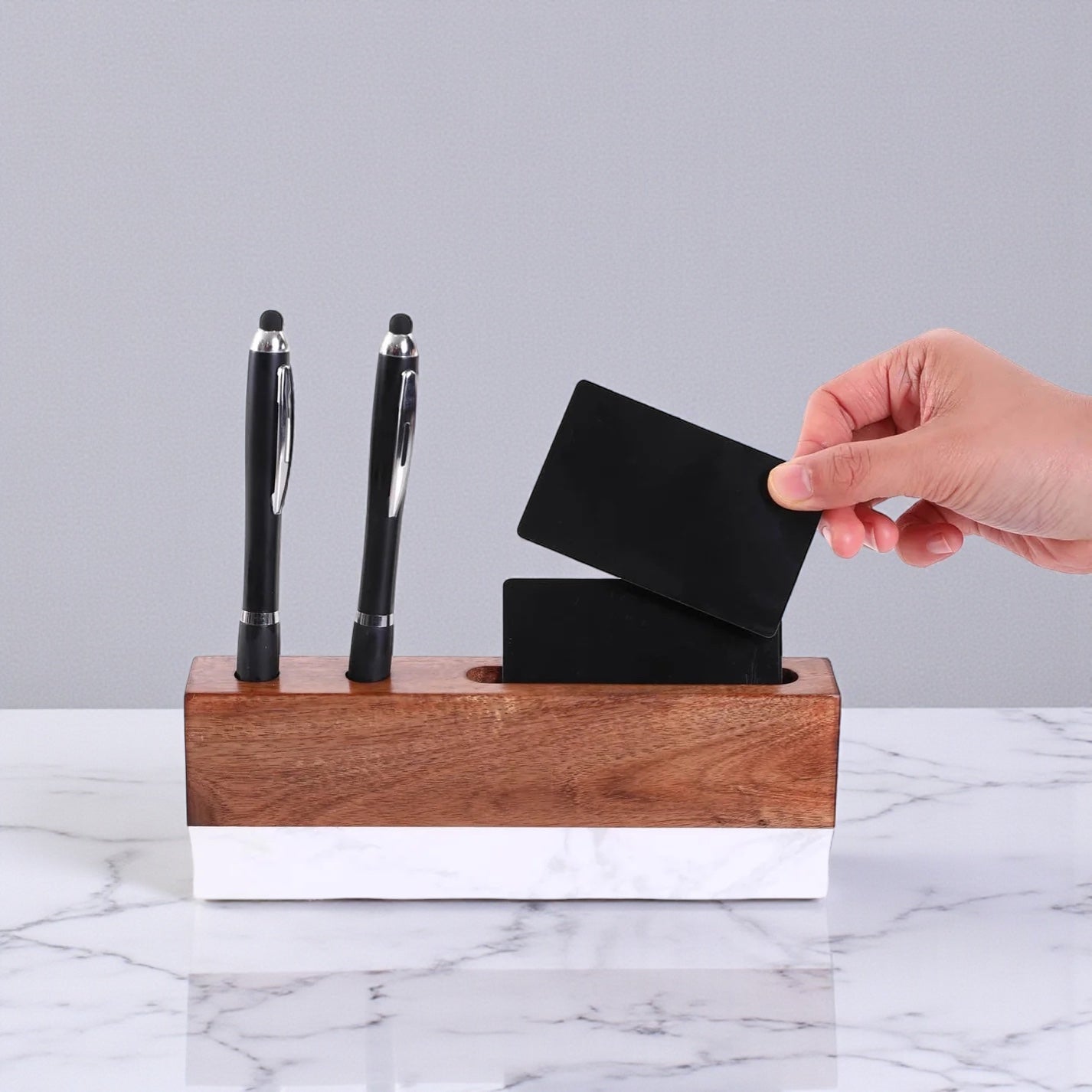 Marble and acacia wood desk name plate holding two pens and business cards, heavy office name plate with built in pen holder and card organizer
