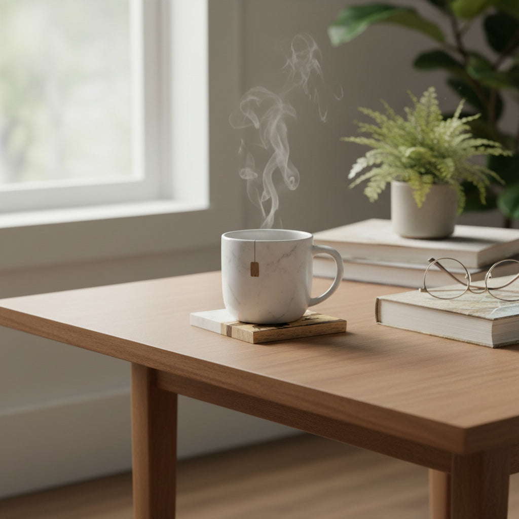 Coffee mug resting on marble and wood engraved mountain lake coaster with bison artwork, cozy rustic coaster styled on wood table near books and window light