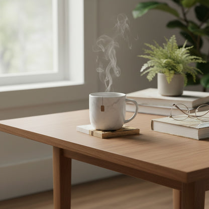 Coffee mug resting on marble and wood engraved mountain lake coaster with bison artwork, cozy rustic coaster styled on wood table near books and window light