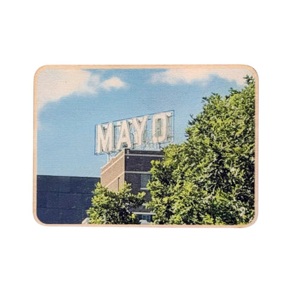Front product view of Mayo Hotel Tulsa wood photo magnet with original photography of the rooftop MAYO sign, trees, and blue sky, made as a downtown Tulsa Oklahoma souvenir