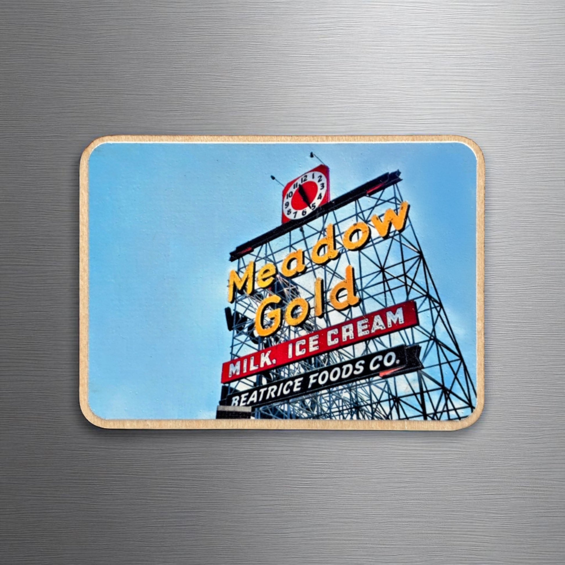 Meadow Gold Route 66 wood photo magnet displayed on metal surface, Tulsa landmark sign printed on real wood magnet for Oklahoma souvenir or local gift