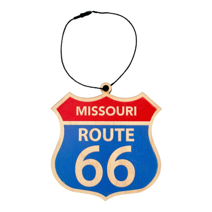Missouri Route 66 shield wood ornament with vintage red white and blue highway sign design and black hanging cord, laser cut Route 66 travel souvenir ornament