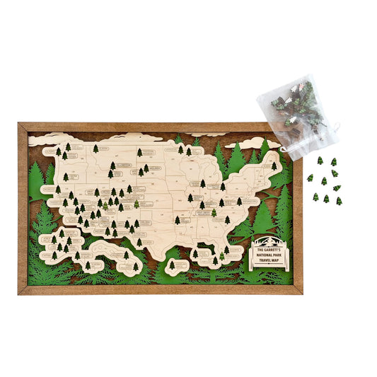 Wooden National Parks Travel Map with green forest layers, labeled U.S. parks, and removable tree markers.