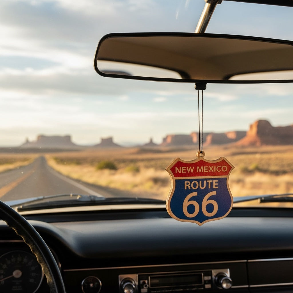 New Mexico Route 66 shield wood ornament hanging from a car rearview mirror overlooking desert highway and mesas, Americana road trip decor inspired by historic Route 66 travel