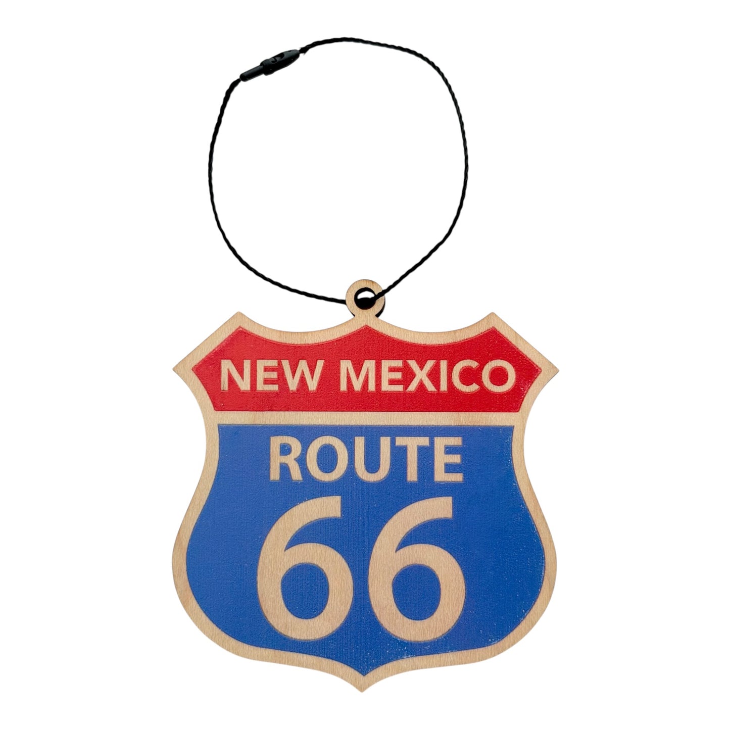 New Mexico Route 66 shield wood ornament with vintage red white and blue highway sign design and black hanging cord, laser cut Route 66 travel souvenir ornament