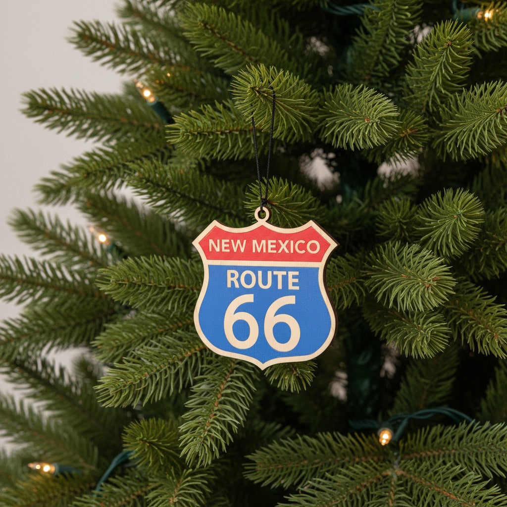 New Mexico Route 66 wooden ornament hanging on a Christmas tree with warm lights, vintage highway sign holiday ornament for Route 66 travelers and souvenir collectors