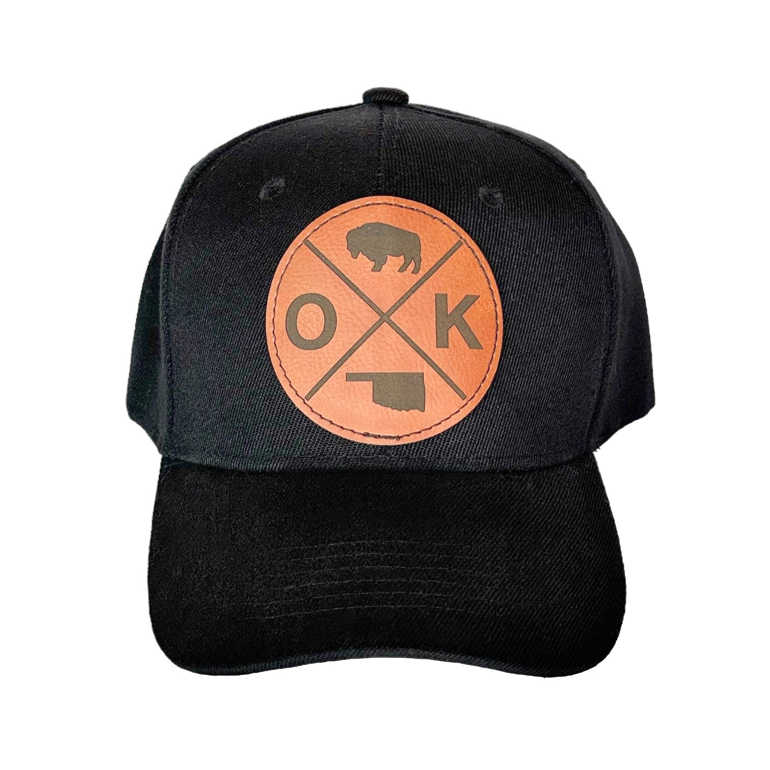 Black velcro hat featuring OK-X logo with bison and state outline on a brown leather patch