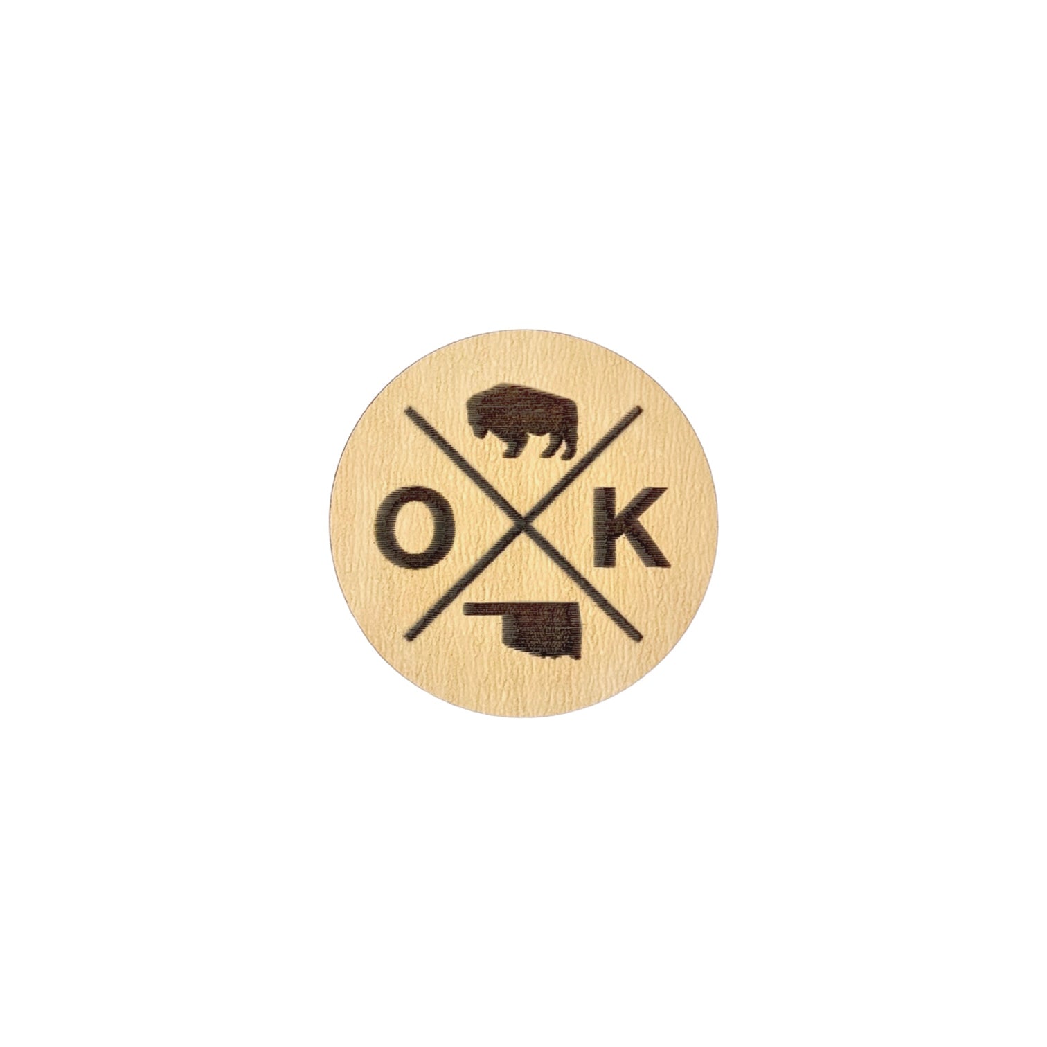 OK X wooden lapel pin showing engraved bison, OK lettering, and Oklahoma state outline, round laser cut wood pin designed as Oklahoma souvenir or state pride accessory