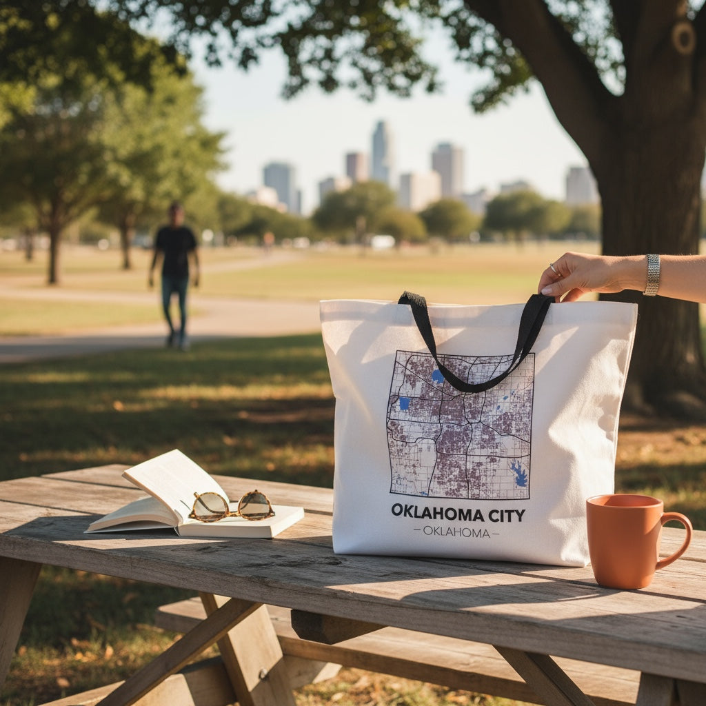 Large Oklahoma City map tote bag sitting on a picnic table with OKC skyline in the background, durable travel tote with city map design.