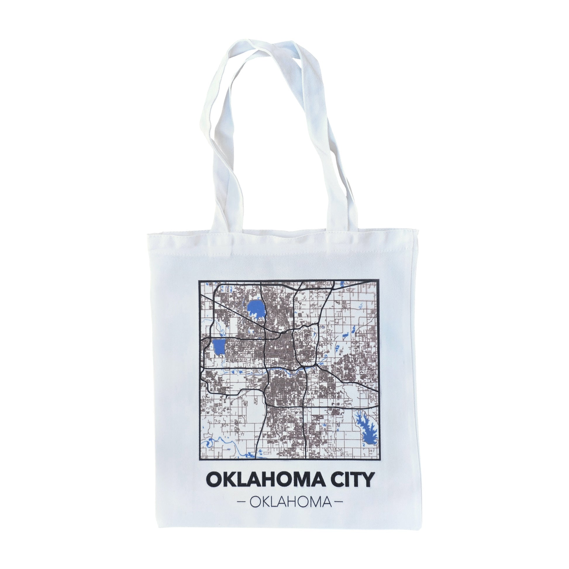 White Oklahoma City map tote bag featuring modern OKC map print with lakes and highways, reusable and eco-friendly shopping bag.